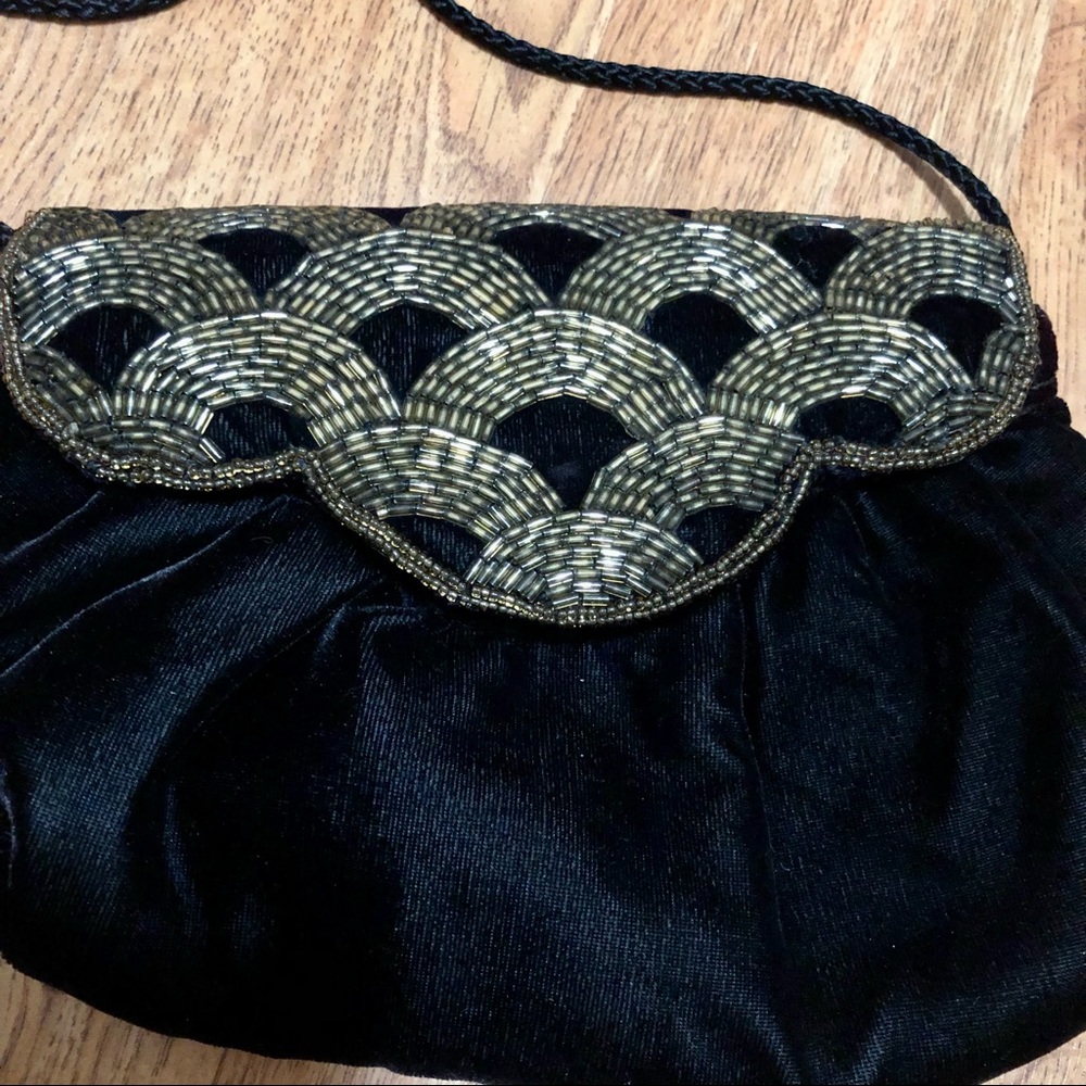 Vintage 70s Crushed Velvet Mini Shoulder Bag Beaded Black Gold Sparkly Art Deco - Picture 2 of 9